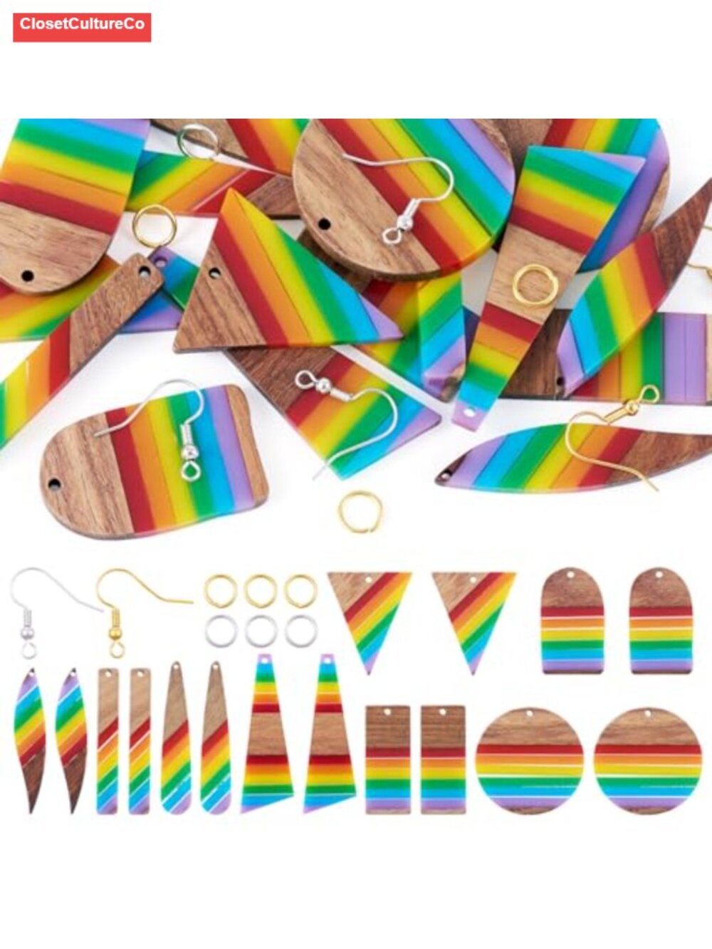 16 Pc Natural Wood Resin Charms Triangle Rectangle Geometry Earring Hooks Jump